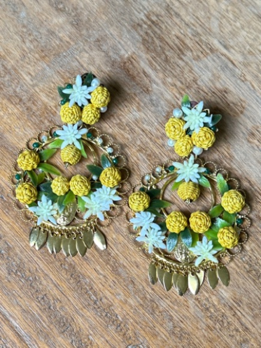 Mercedes Salazar Yellow Floral Statement Hoop Earrings with Gold Accents